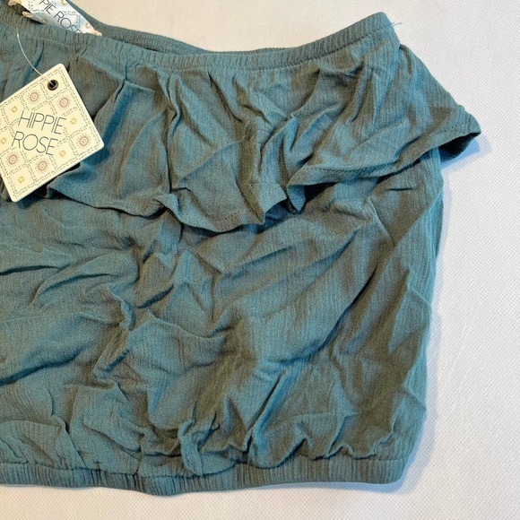 Hippie Rose One Shoulder Ruffle Crop Top Green XS - Picture 5 of 10